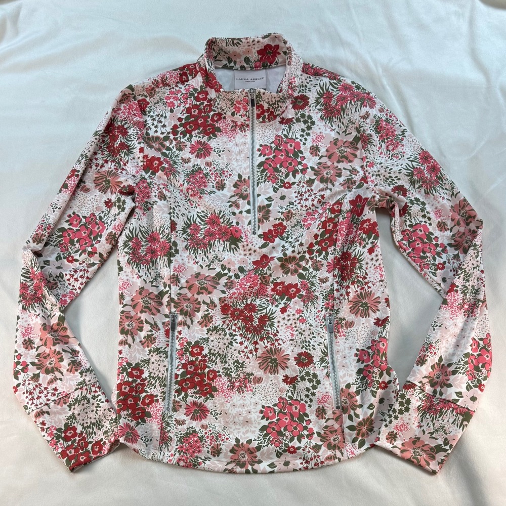 Laura Ashley Cream Floral Quarter Zip Pullover Pockets Medium Tennis Pickleball